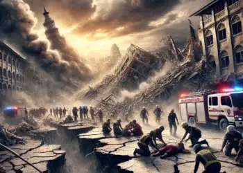 DALL·E 2025-03-29 03.43.50 - A powerful earthquake striking Myanmar, showing cracked ground, collapsed buildings, and emergency responders assisting victims. Dark smoke and dust f