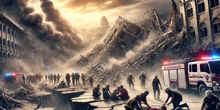 DALL·E 2025-03-29 03.43.50 - A powerful earthquake striking Myanmar, showing cracked ground, collapsed buildings, and emergency responders assisting victims. Dark smoke and dust f